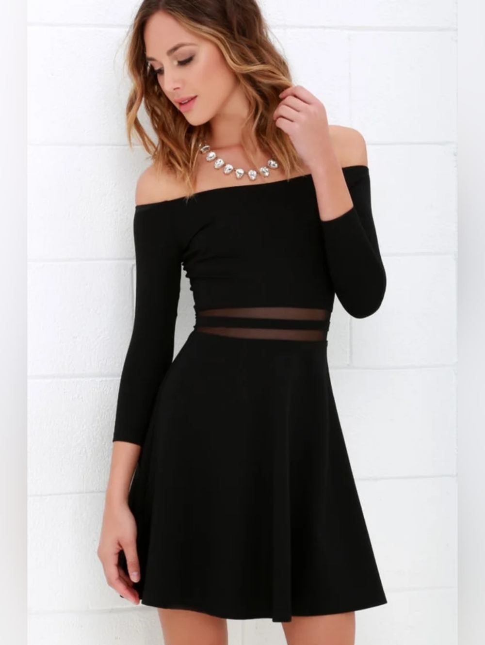 Lulus Dress Yes to the Mesh Off the Shoulder Skater Dress Black Cocktail Medium
